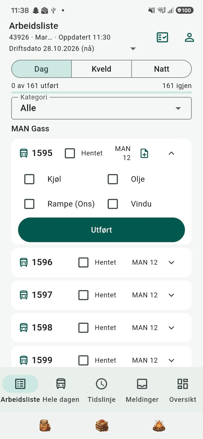 Arbeidsliste på mobil med sjekkpunkter og knappen Utført